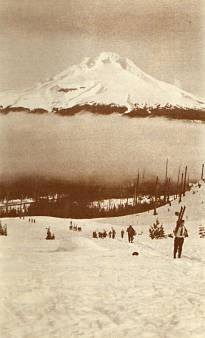 Ski Bowl ski area, with view of Mt. Hood,Oregon, around 1938.