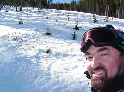 Emilio Trampuz with field of new trees for turning practice. Kimberley ski area, B.C., Canada.