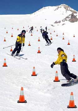 Human Slalom through cone field at Mt. Hood Meadows, Mt. High ski club